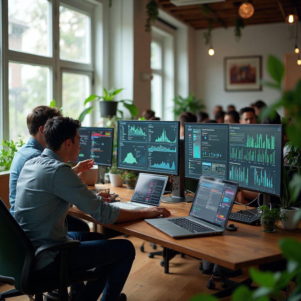 Echipa noastră analizând date în biroul central